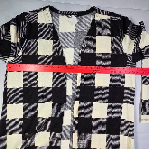 Heimish USA Open Longline Cardigan Black White Buffalo Plaid Pockets Womens Med - Picture 8 of 9